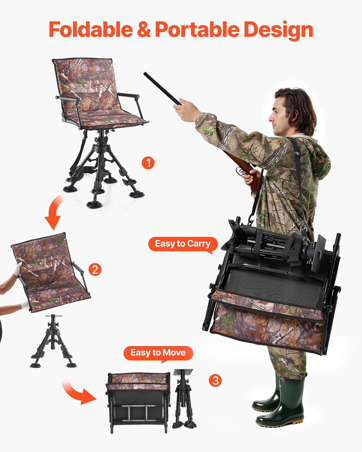 VEVOR Hunting Chair, 360° Silent Swivel, Foldable Portable Blind Chair, Heavy-Duty Steel Frame Ground Stool Seat, with Armrests, Cover, Anti-Sink Feet, Height Adjustable, 350 Lbs Capacity for Camping - CGZDKDFSKCYTSR6TK001V0 - view 7
