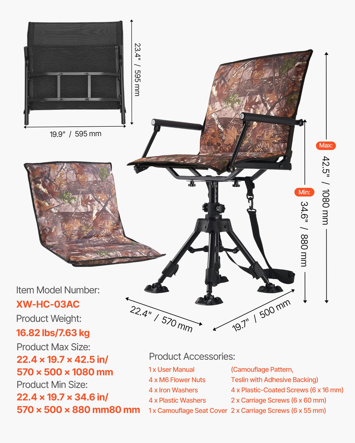 VEVOR Hunting Chair, 360° Silent Swivel, Foldable Portable Blind Chair, Heavy-Duty Steel Frame Ground Stool Seat, with Armrests, Cover, Anti-Sink Feet, Height Adjustable, 350 Lbs Capacity for Camping - CGZDKDFSKCYTSR6TK001V0 - view 8