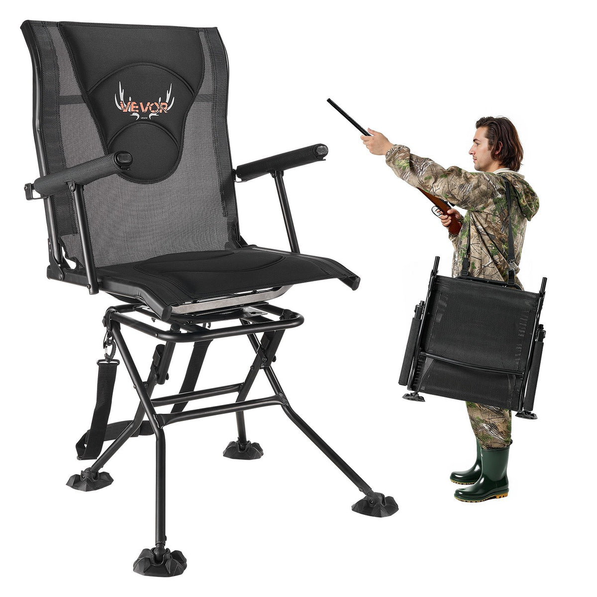 VEVOR Hunting Chair, 360° Silent Swivel, Foldable Portable Blind Chair, Heavy-Duty Steel Frame Ground Stool Seat, with Armrests, Adjustable Carry Strap, Anti-Sink Feet, 300 Lbs Capacity for Fishing - CGZDKDFSQSBMFZAJ6001V0 - view 1