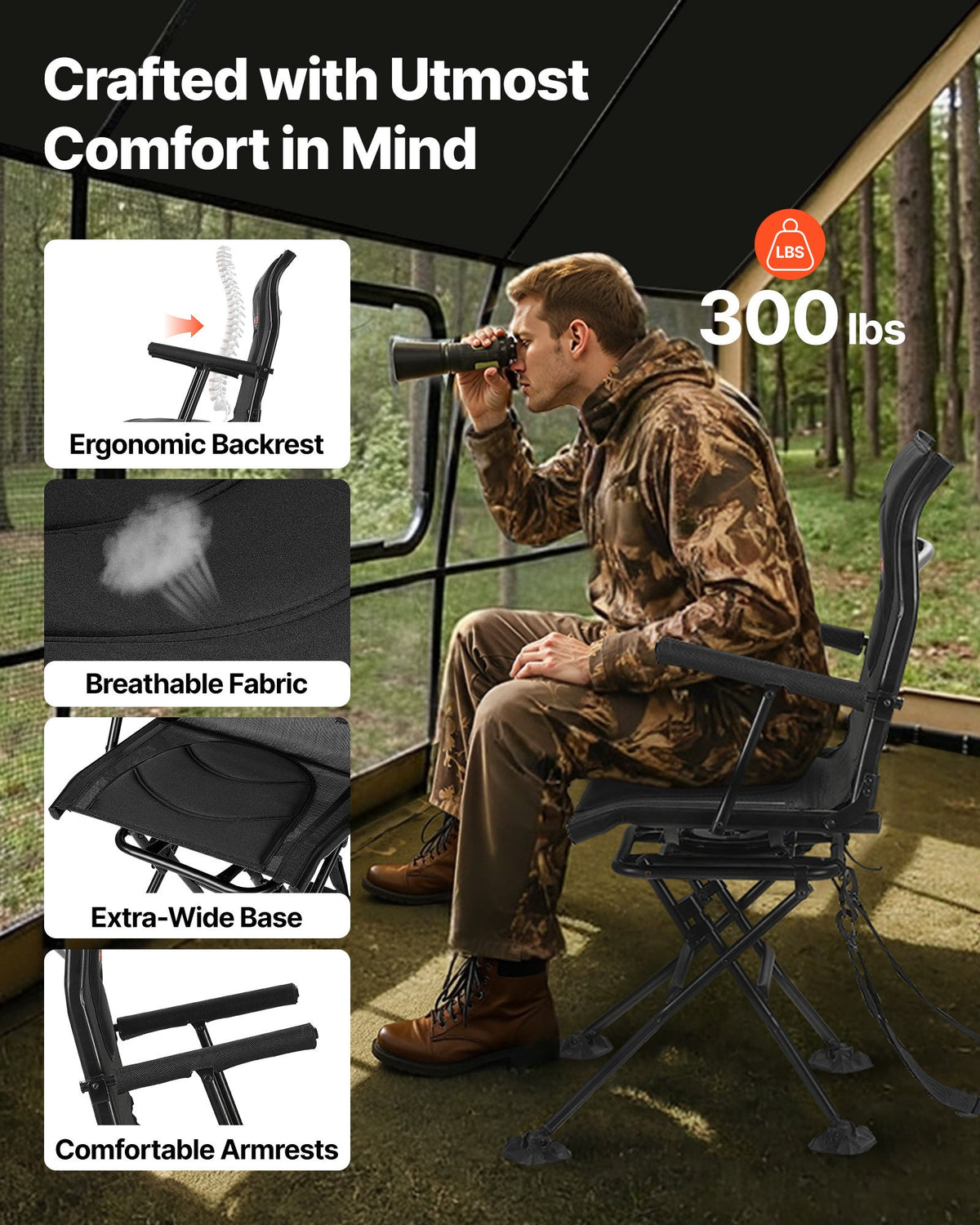 VEVOR Hunting Chair, 360° Silent Swivel, Foldable Portable Blind Chair, Heavy-Duty Steel Frame Ground Stool Seat, with Armrests, Adjustable Carry Strap, Anti-Sink Feet, 300 Lbs Capacity for Fishing - CGZDKDFSQSBMFZAJ6001V0 - view 3