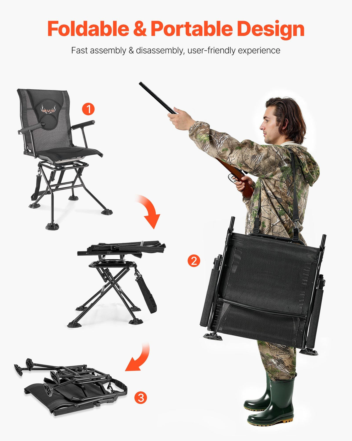 VEVOR Hunting Chair, 360° Silent Swivel, Foldable Portable Blind Chair, Heavy-Duty Steel Frame Ground Stool Seat, with Armrests, Adjustable Carry Strap, Anti-Sink Feet, 300 Lbs Capacity for Fishing - CGZDKDFSQSBMFZAJ6001V0 - view 6