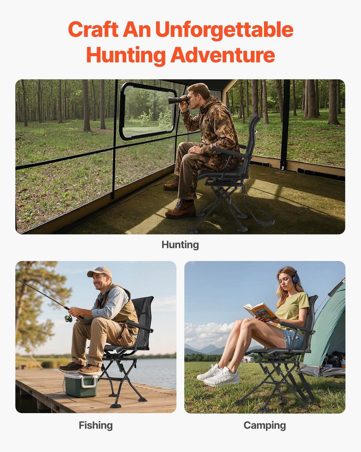 VEVOR Hunting Chair, 360° Silent Swivel, Foldable Portable Blind Chair, Heavy-Duty Steel Frame Ground Stool Seat, with Armrests, Adjustable Carry Strap, Anti-Sink Feet, 300 Lbs Capacity for Fishing - CGZDKDFSQSBMFZAJ6001V0 - view 7