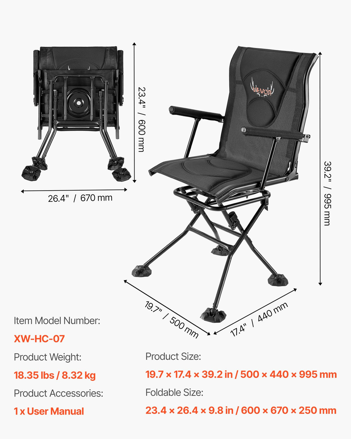 VEVOR Hunting Chair, 360° Silent Swivel, Foldable Portable Blind Chair, Heavy-Duty Steel Frame Ground Stool Seat, with Armrests, Adjustable Carry Strap, Anti-Sink Feet, 300 Lbs Capacity for Fishing - CGZDKDFSQSBMFZAJ6001V0 - view 8