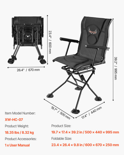 VEVOR Hunting Chair, 360° Silent Swivel, Foldable Portable Blind Chair, Heavy-Duty Steel Frame Ground Stool Seat, with Armrests, Adjustable Carry Strap, Anti-Sink Feet, 300 Lbs Capacity for Fishing - CGZDKDFSQSBMFZAJ6001V0 - view 8