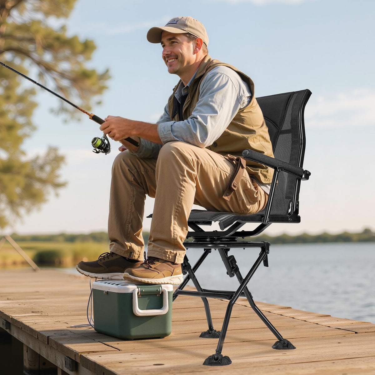 VEVOR Hunting Chair, 360° Silent Swivel, Foldable Portable Blind Chair, Heavy-Duty Steel Frame Ground Stool Seat, with Armrests, Adjustable Carry Strap, Anti-Sink Feet, 300 Lbs Capacity for Fishing - CGZDKDFSQSBMFZAJ6001V0 - view 9