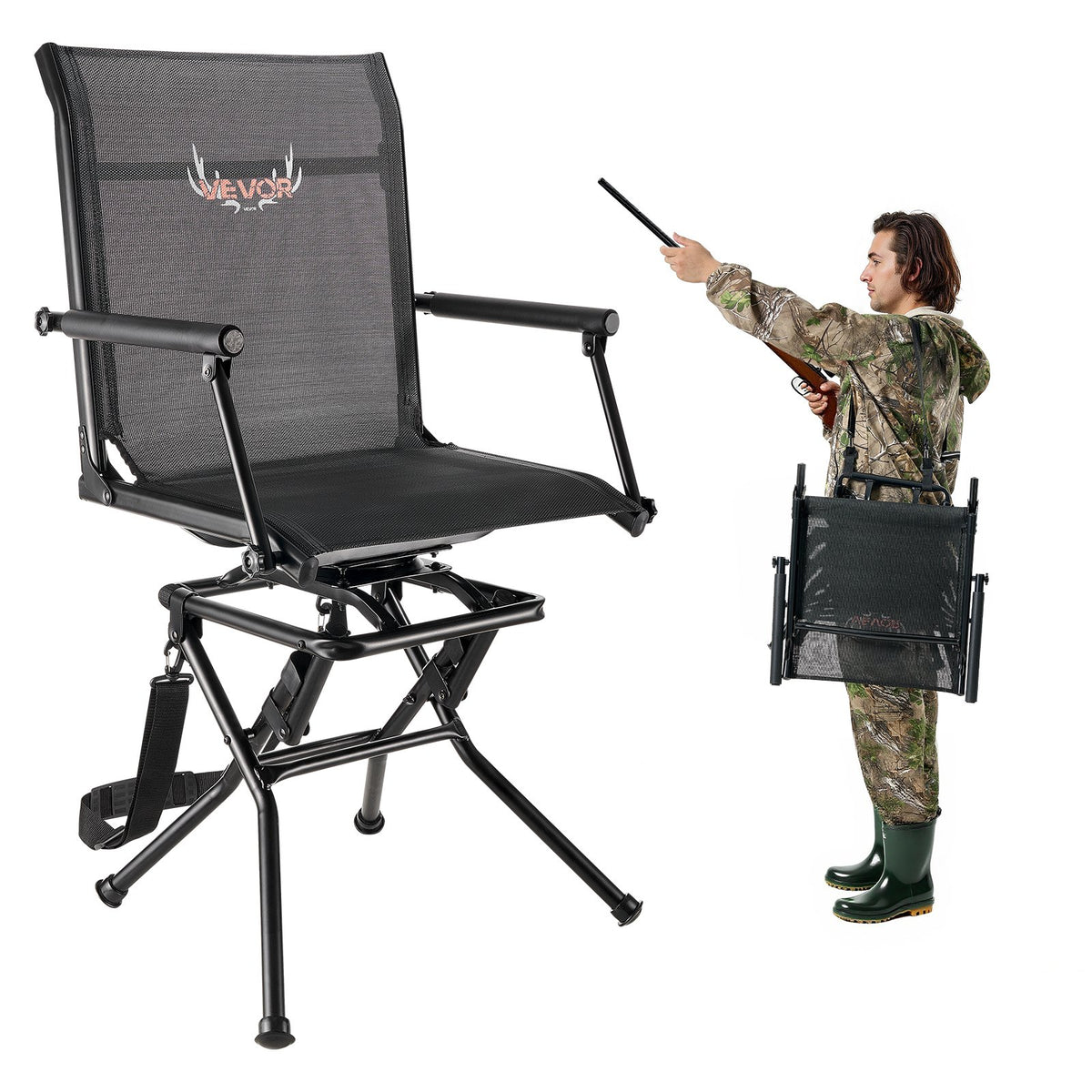 VEVOR Hunting Chair, 360° Silent Swivel, Foldable Lightweight Portable Blind Chair, Heavy-Duty Steel Frame Ground Stool Seat, with Armrest, Adjustable Carry Strap, 300 Lbs Capacity for Fishing Camping - CGZDKDFSTSLD5OT1O001V0 - view 1