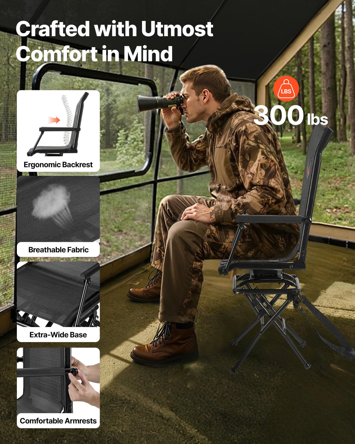 VEVOR Hunting Chair, 360° Silent Swivel, Foldable Lightweight Portable Blind Chair, Heavy-Duty Steel Frame Ground Stool Seat, with Armrest, Adjustable Carry Strap, 300 Lbs Capacity for Fishing Camping - CGZDKDFSTSLD5OT1O001V0 - view 3