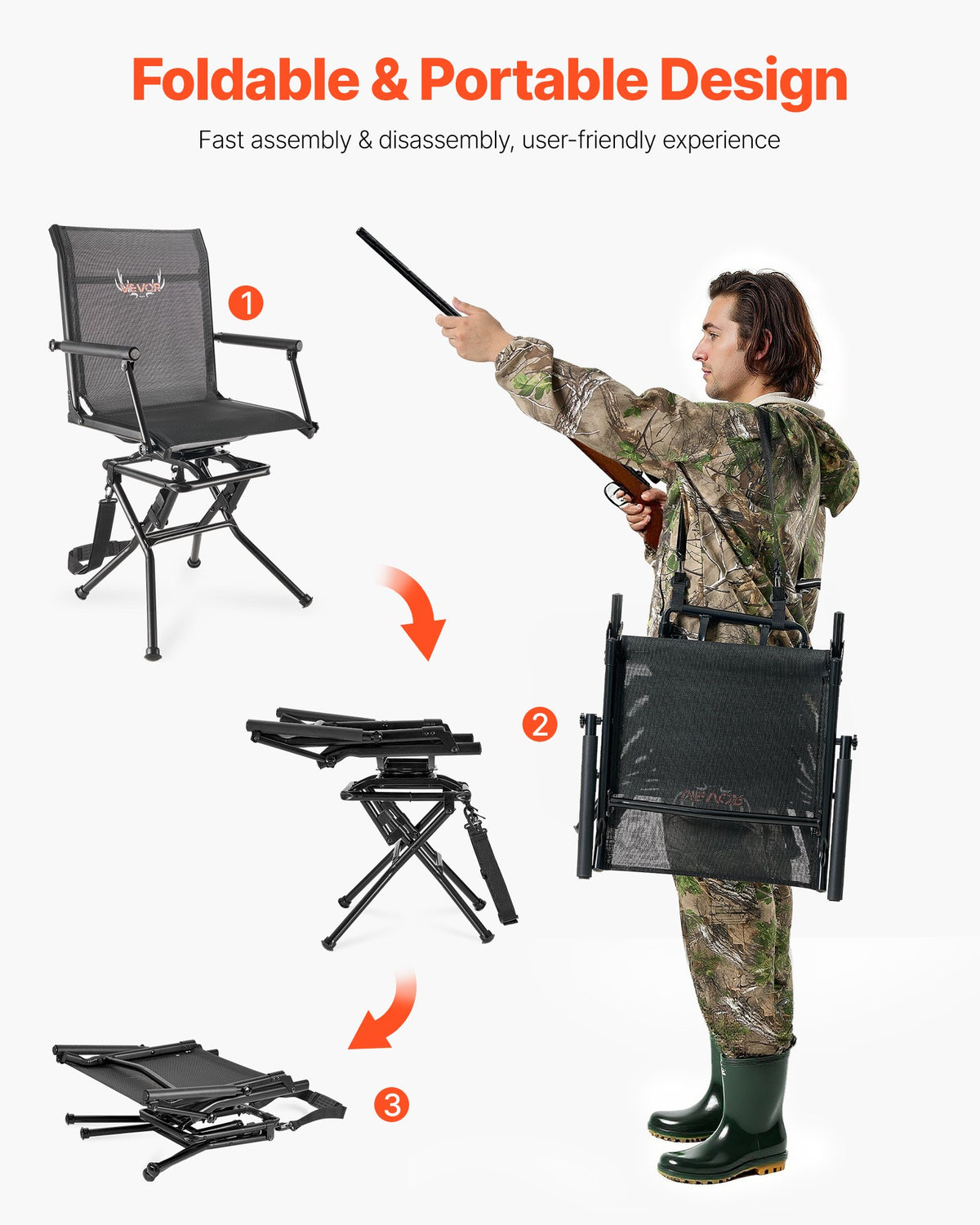 VEVOR Hunting Chair, 360° Silent Swivel, Foldable Lightweight Portable Blind Chair, Heavy-Duty Steel Frame Ground Stool Seat, with Armrest, Adjustable Carry Strap, 300 Lbs Capacity for Fishing Camping - CGZDKDFSTSLD5OT1O001V0 - view 6