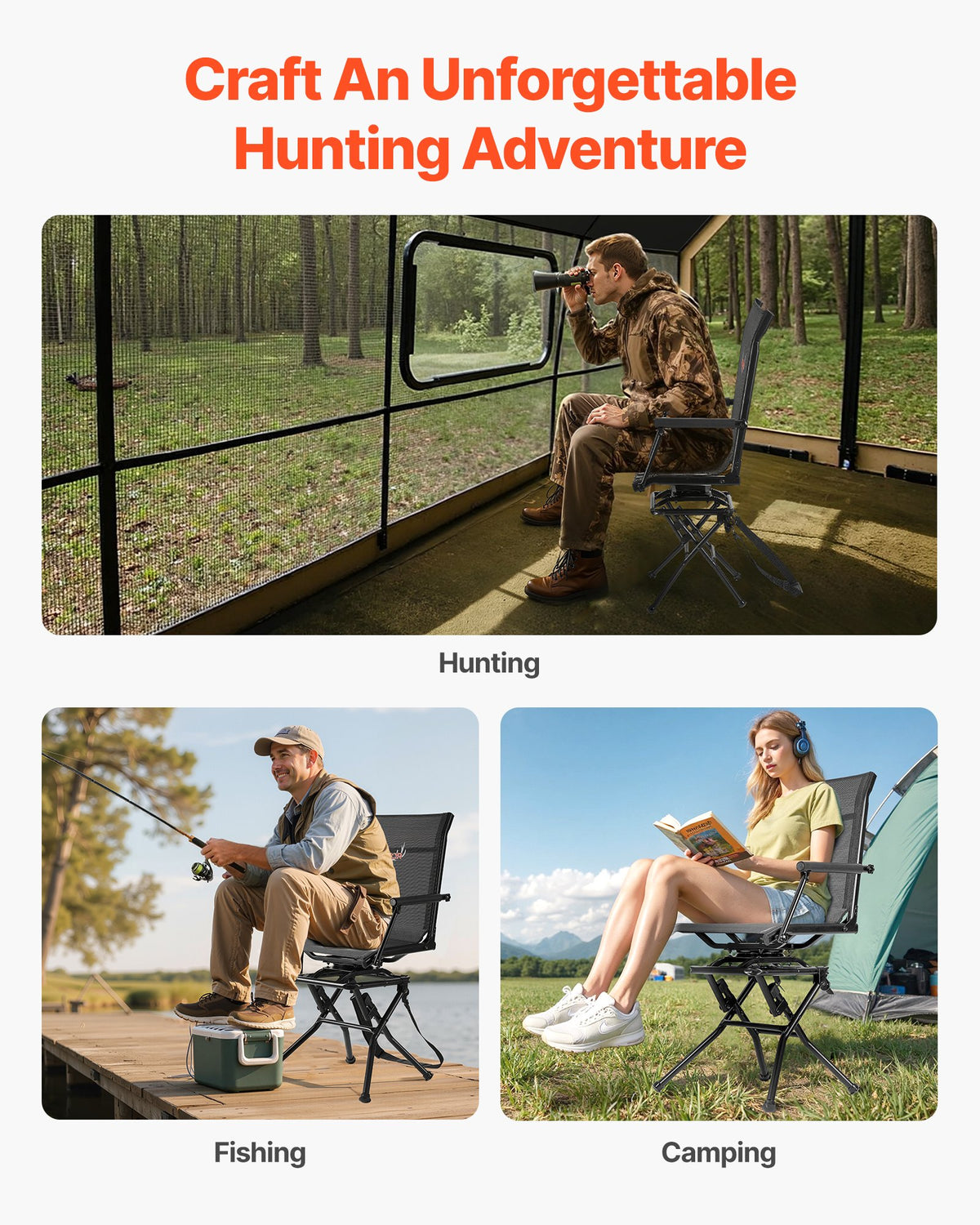 VEVOR Hunting Chair, 360° Silent Swivel, Foldable Lightweight Portable Blind Chair, Heavy-Duty Steel Frame Ground Stool Seat, with Armrest, Adjustable Carry Strap, 300 Lbs Capacity for Fishing Camping - CGZDKDFSTSLD5OT1O001V0 - view 7
