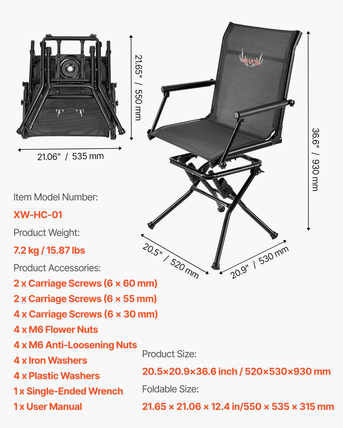 VEVOR Hunting Chair, 360° Silent Swivel, Foldable Lightweight Portable Blind Chair, Heavy-Duty Steel Frame Ground Stool Seat, with Armrest, Adjustable Carry Strap, 300 Lbs Capacity for Fishing Camping - CGZDKDFSTSLD5OT1O001V0 - view 8