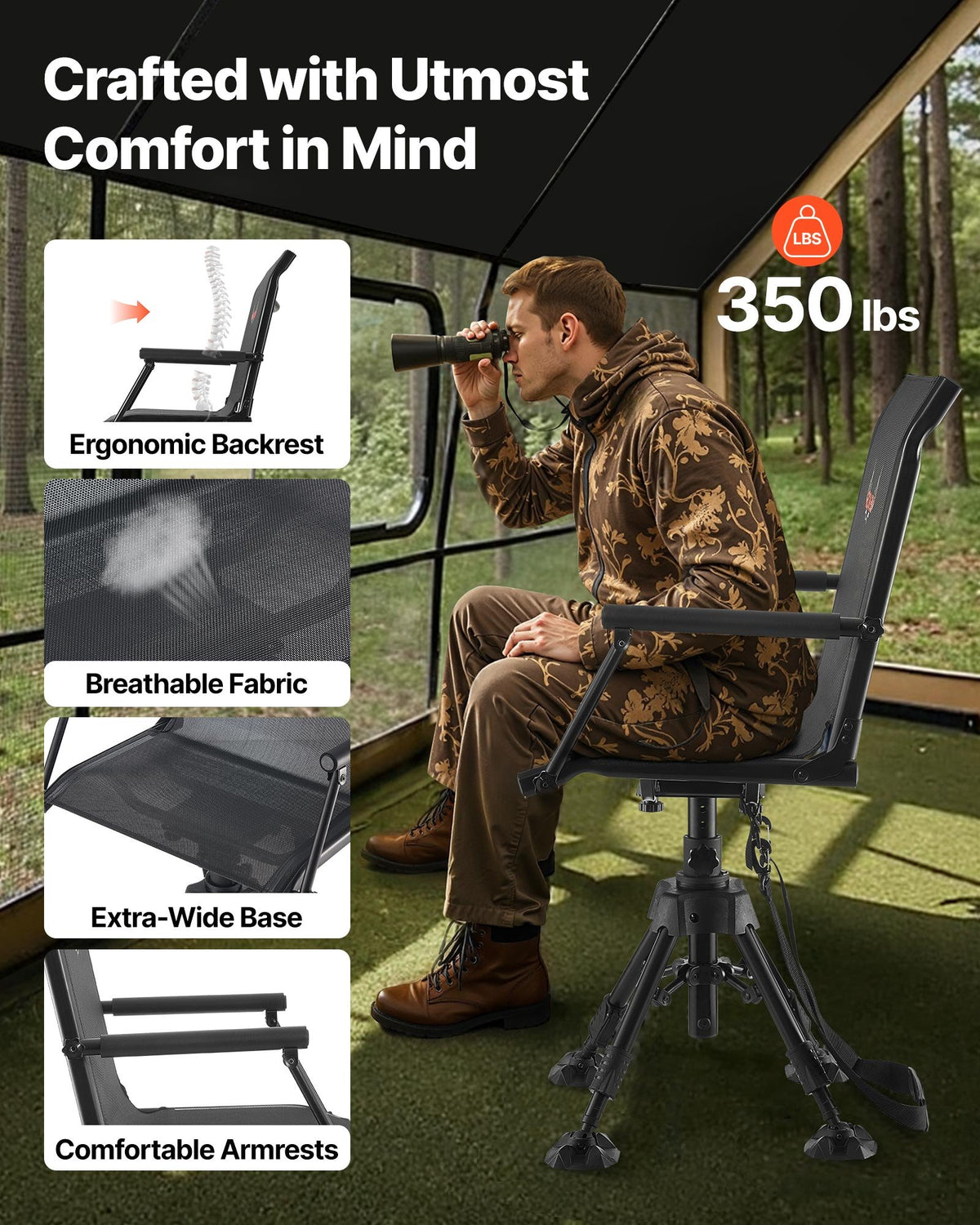 VEVOR Hunting Chair, 360° Silent Swivel, Foldable Portable Blind Chair, Heavy-Duty Steel Frame Ground Stool Seat,with Armrests, Anti-Sink Feet, Height Adjustable, 350 Lbs Capacity for Fishing Camping - CGZDKDFSTSLSEGJQP001V0 - view 3