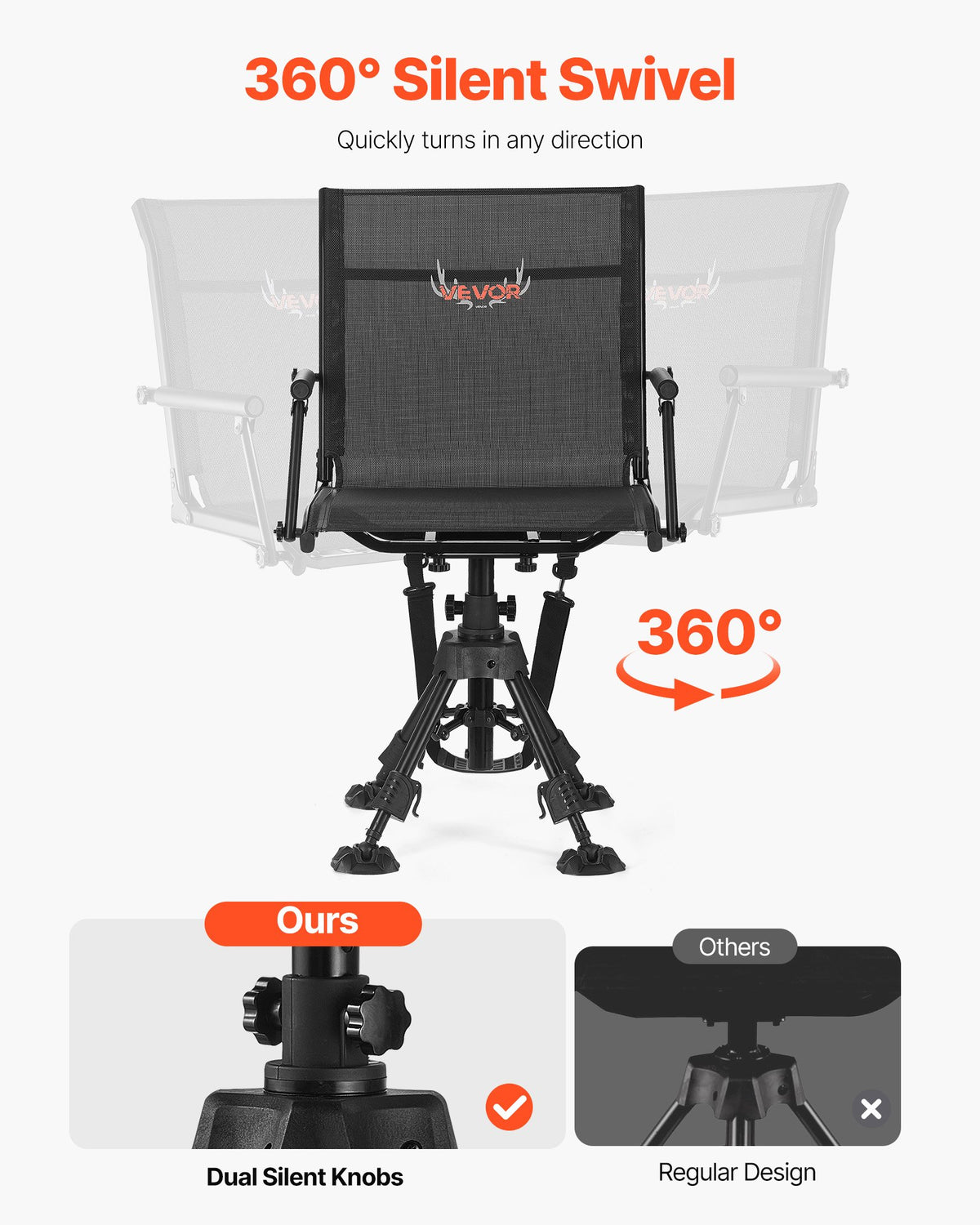 VEVOR Hunting Chair, 360° Silent Swivel, Foldable Portable Blind Chair, Heavy-Duty Steel Frame Ground Stool Seat,with Armrests, Anti-Sink Feet, Height Adjustable, 350 Lbs Capacity for Fishing Camping - CGZDKDFSTSLSEGJQP001V0 - view 4