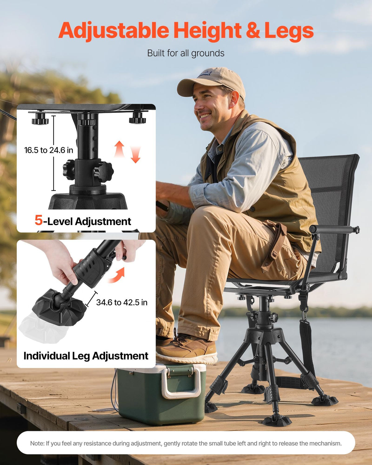 VEVOR Hunting Chair, 360° Silent Swivel, Foldable Portable Blind Chair, Heavy-Duty Steel Frame Ground Stool Seat,with Armrests, Anti-Sink Feet, Height Adjustable, 350 Lbs Capacity for Fishing Camping - CGZDKDFSTSLSEGJQP001V0 - view 5