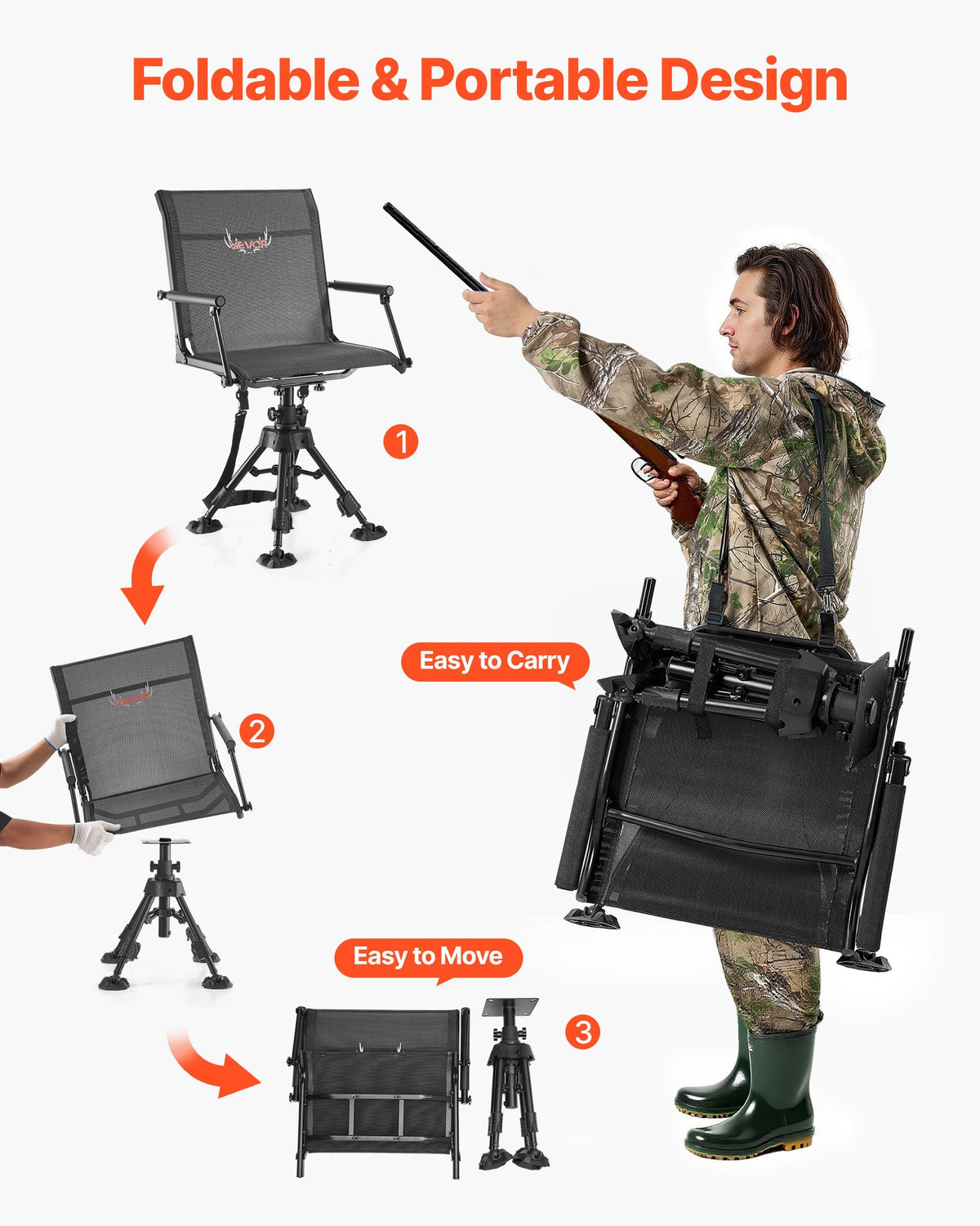 VEVOR Hunting Chair, 360° Silent Swivel, Foldable Portable Blind Chair, Heavy-Duty Steel Frame Ground Stool Seat,with Armrests, Anti-Sink Feet, Height Adjustable, 350 Lbs Capacity for Fishing Camping - CGZDKDFSTSLSEGJQP001V0 - view 7