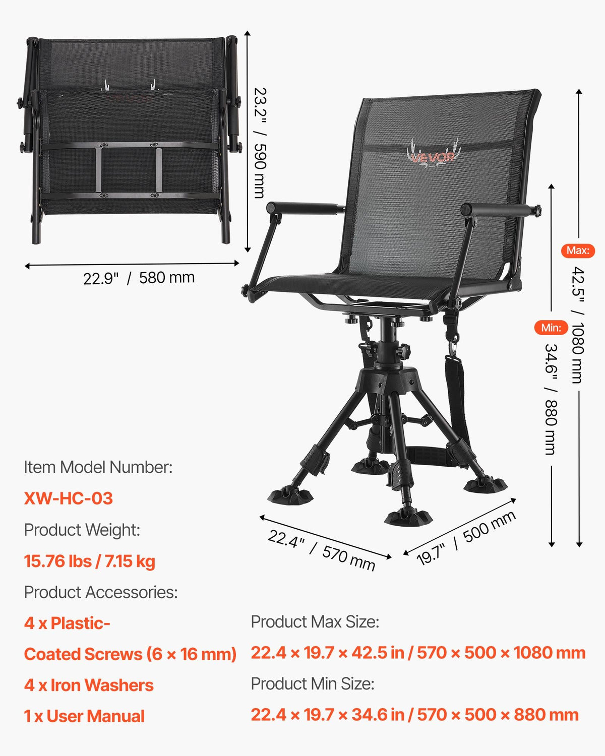 VEVOR Hunting Chair, 360° Silent Swivel, Foldable Portable Blind Chair, Heavy-Duty Steel Frame Ground Stool Seat,with Armrests, Anti-Sink Feet, Height Adjustable, 350 Lbs Capacity for Fishing Camping - CGZDKDFSTSLSEGJQP001V0 - view 8