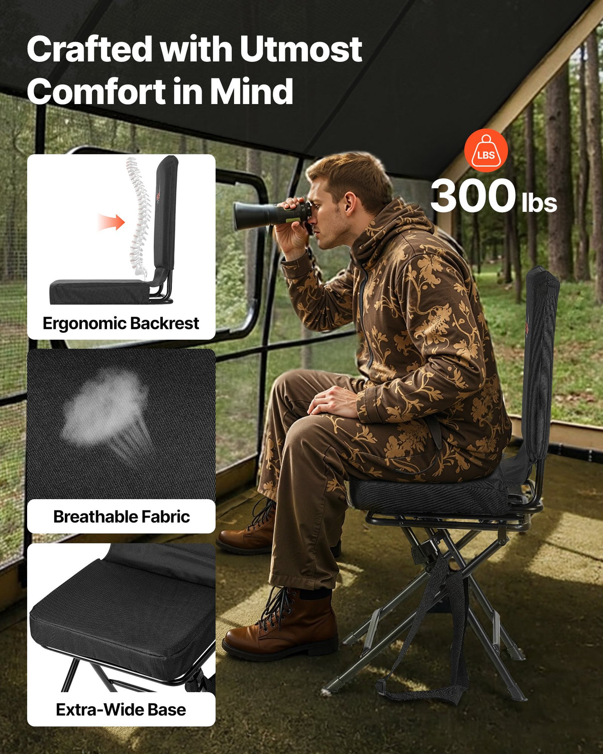 VEVOR Hunting Chair, 360° Silent Swivel, Foldable Lightweight Portable Blind Chair, Heavy-Duty Steel Frame Ground Stool Seat, with Adjustable Shoulder Strap, 300 Lbs Capacity for Fishing, Camping - CGZDKWFSRBKDQC3M7001V0 - view 3