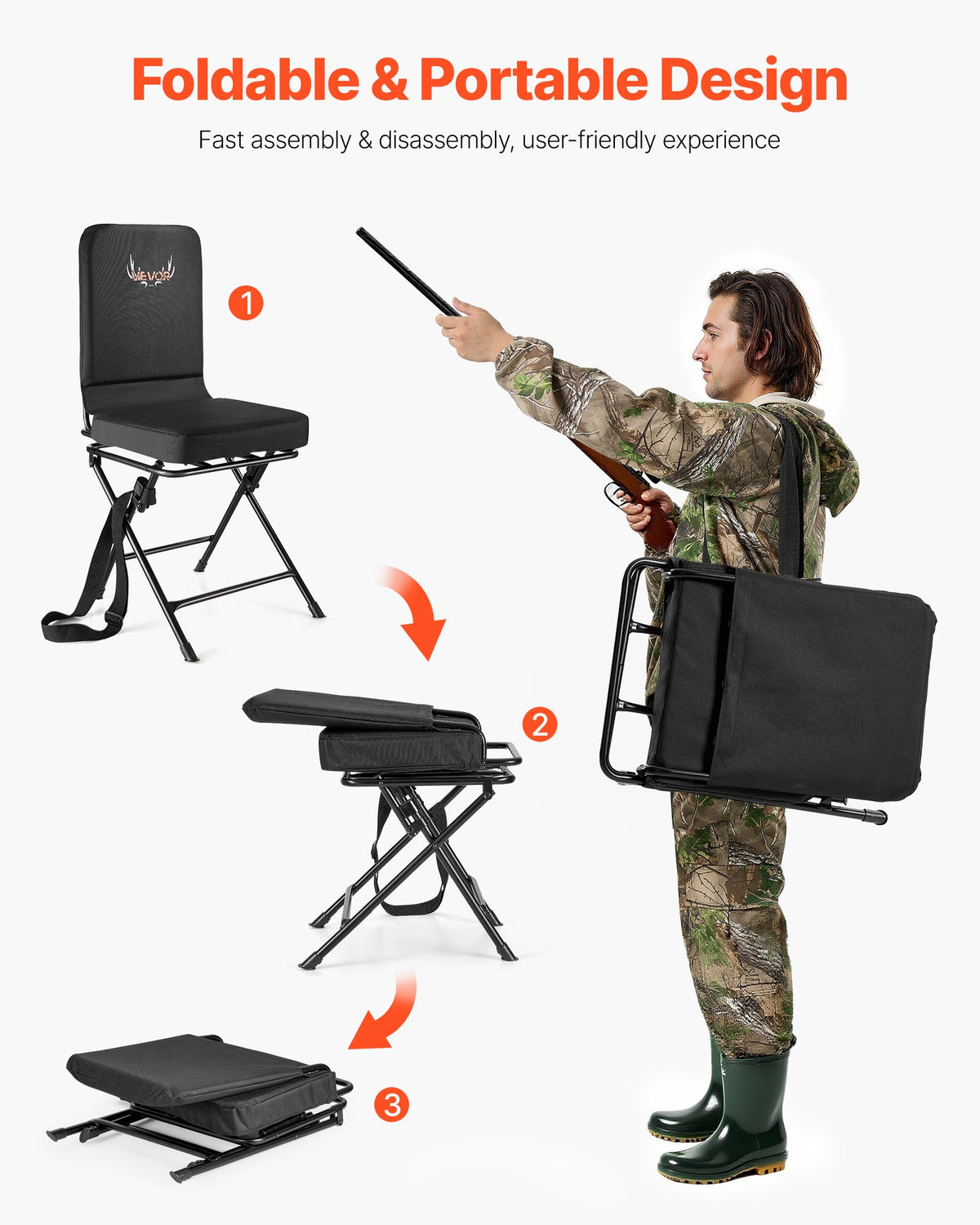 VEVOR Hunting Chair, 360° Silent Swivel, Foldable Lightweight Portable Blind Chair, Heavy-Duty Steel Frame Ground Stool Seat, with Adjustable Shoulder Strap, 300 Lbs Capacity for Fishing, Camping - CGZDKWFSRBKDQC3M7001V0 - view 6