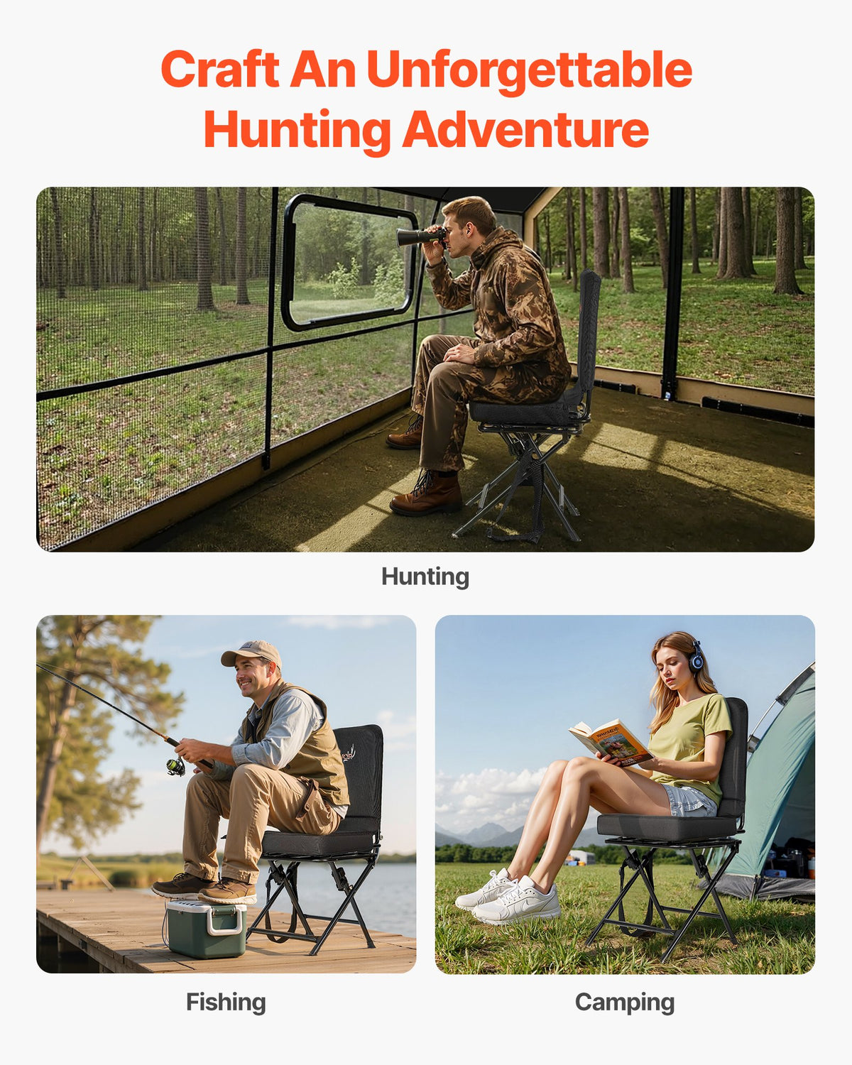VEVOR Hunting Chair, 360° Silent Swivel, Foldable Lightweight Portable Blind Chair, Heavy-Duty Steel Frame Ground Stool Seat, with Adjustable Shoulder Strap, 300 Lbs Capacity for Fishing, Camping - CGZDKWFSRBKDQC3M7001V0 - view 7