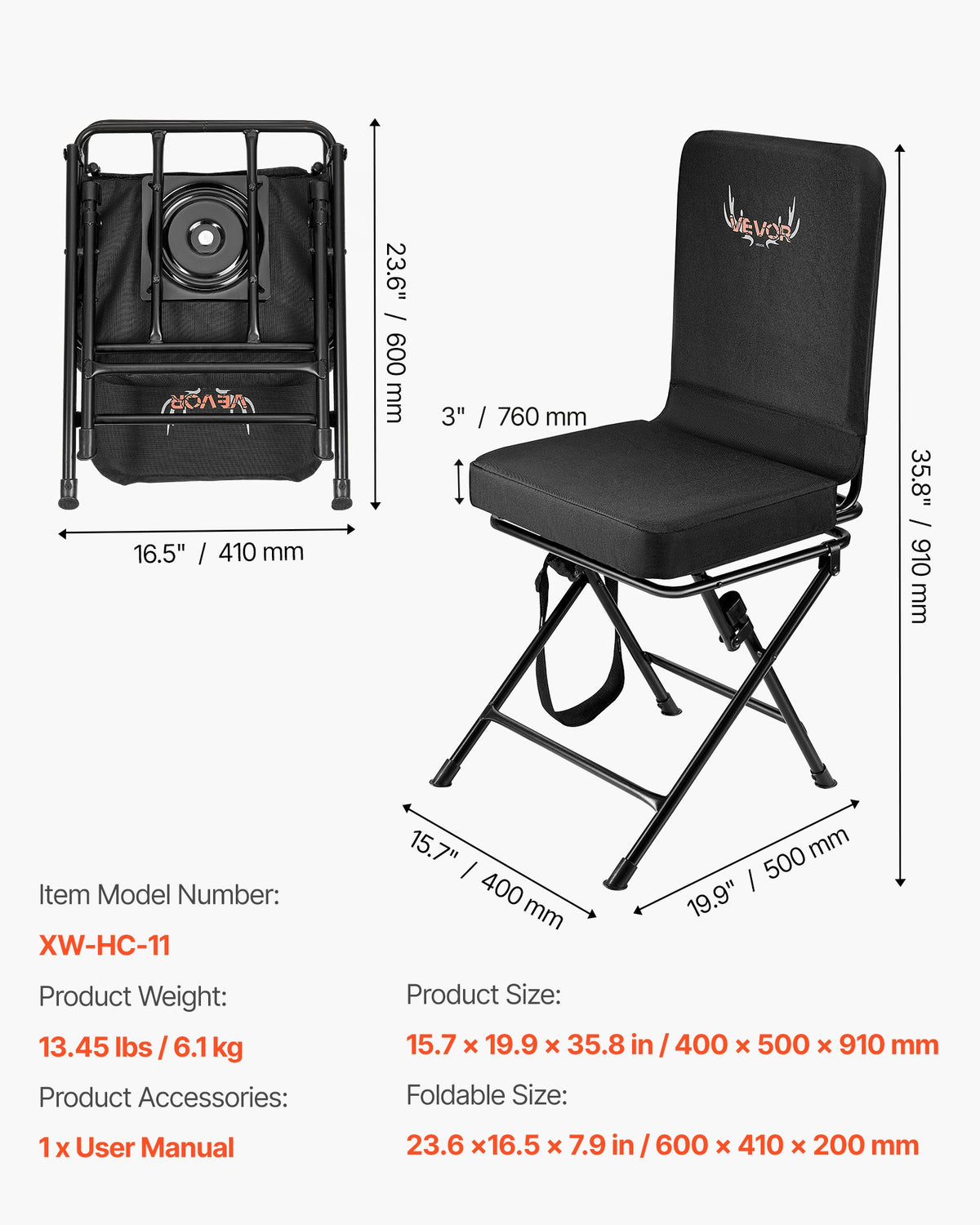VEVOR Hunting Chair, 360° Silent Swivel, Foldable Lightweight Portable Blind Chair, Heavy-Duty Steel Frame Ground Stool Seat, with Adjustable Shoulder Strap, 300 Lbs Capacity for Fishing, Camping - CGZDKWFSRBKDQC3M7001V0 - view 8