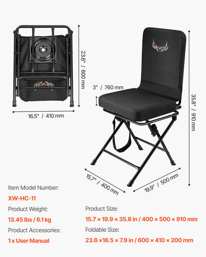 VEVOR Hunting Chair, 360° Silent Swivel, Foldable Lightweight Portable Blind Chair, Heavy-Duty Steel Frame Ground Stool Seat, with Adjustable Shoulder Strap, 300 Lbs Capacity for Fishing, Camping - CGZDKWFSRBKDQC3M7001V0 - view 8