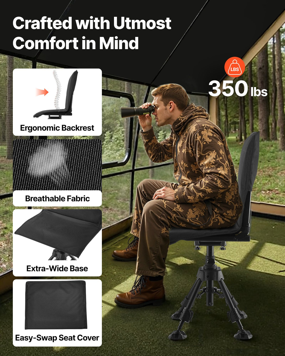 VEVOR Hunting Chair, 360° Silent Swivel, Foldable Portable Blind Chair, Heavy-Duty Steel Frame Ground Stool Seat,with Seat Cover, Anti-Sink Feet, Height Adjustable, 350 Lbs Capacity, for Fishing - CGZDKWFSSMZMOHCQF001V0 - view 3