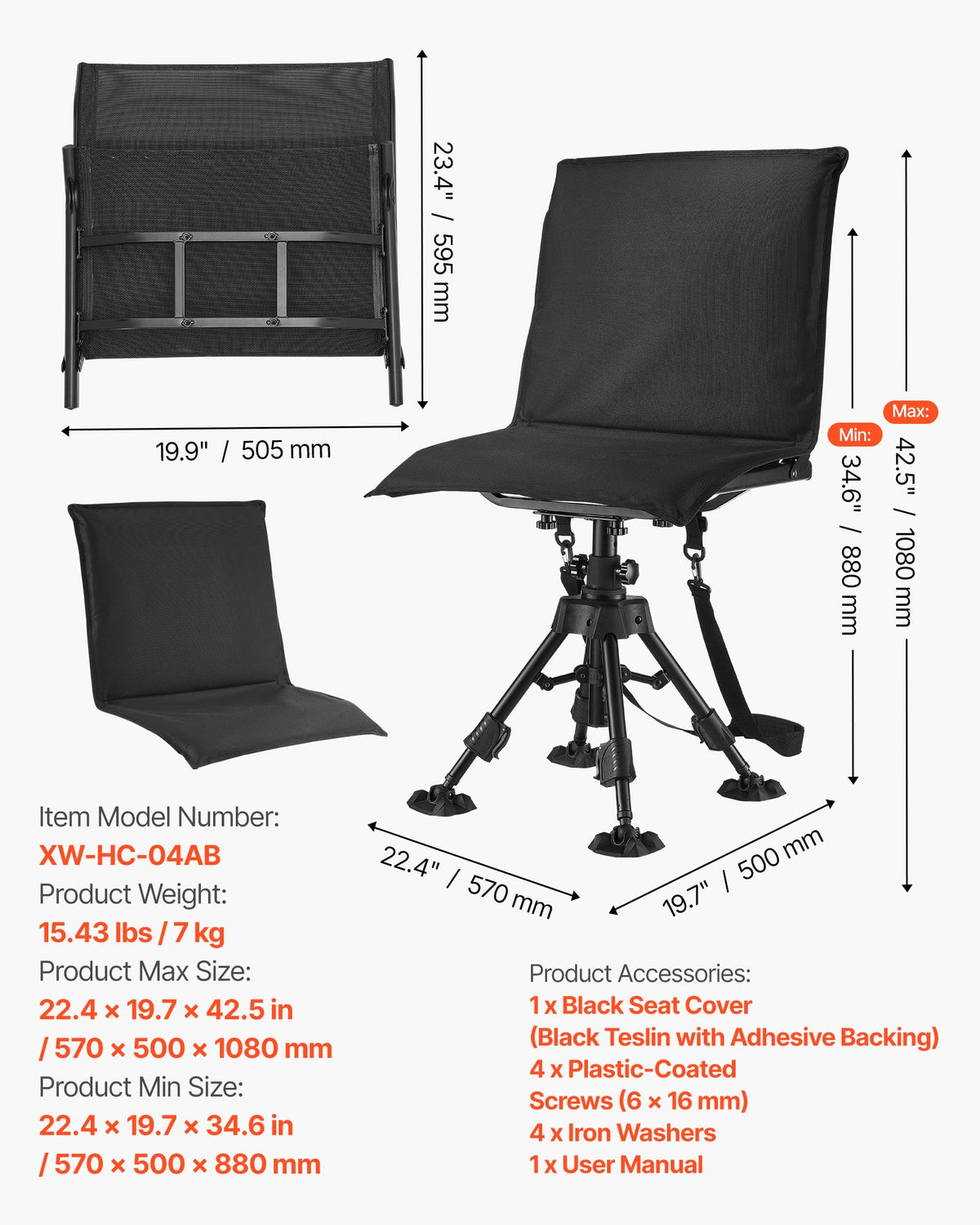 VEVOR Hunting Chair, 360° Silent Swivel, Foldable Portable Blind Chair, Heavy-Duty Steel Frame Ground Stool Seat,with Seat Cover, Anti-Sink Feet, Height Adjustable, 350 Lbs Capacity, for Fishing - CGZDKWFSSMZMOHCQF001V0 - view 8