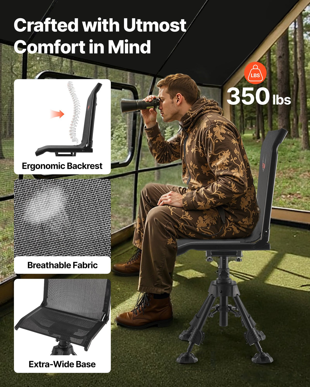 VEVOR Hunting Chair, 360° Silent Swivel, Foldable Portable Blind Chair, Heavy-Duty Steel Frame Ground Stool Seat with Anti-Sink Swivel Feet, Height Adjustable, 350 Lbs Capacity for Fishing Camping - CGZDKWFSTSLS1QCNY001V0 - view 3