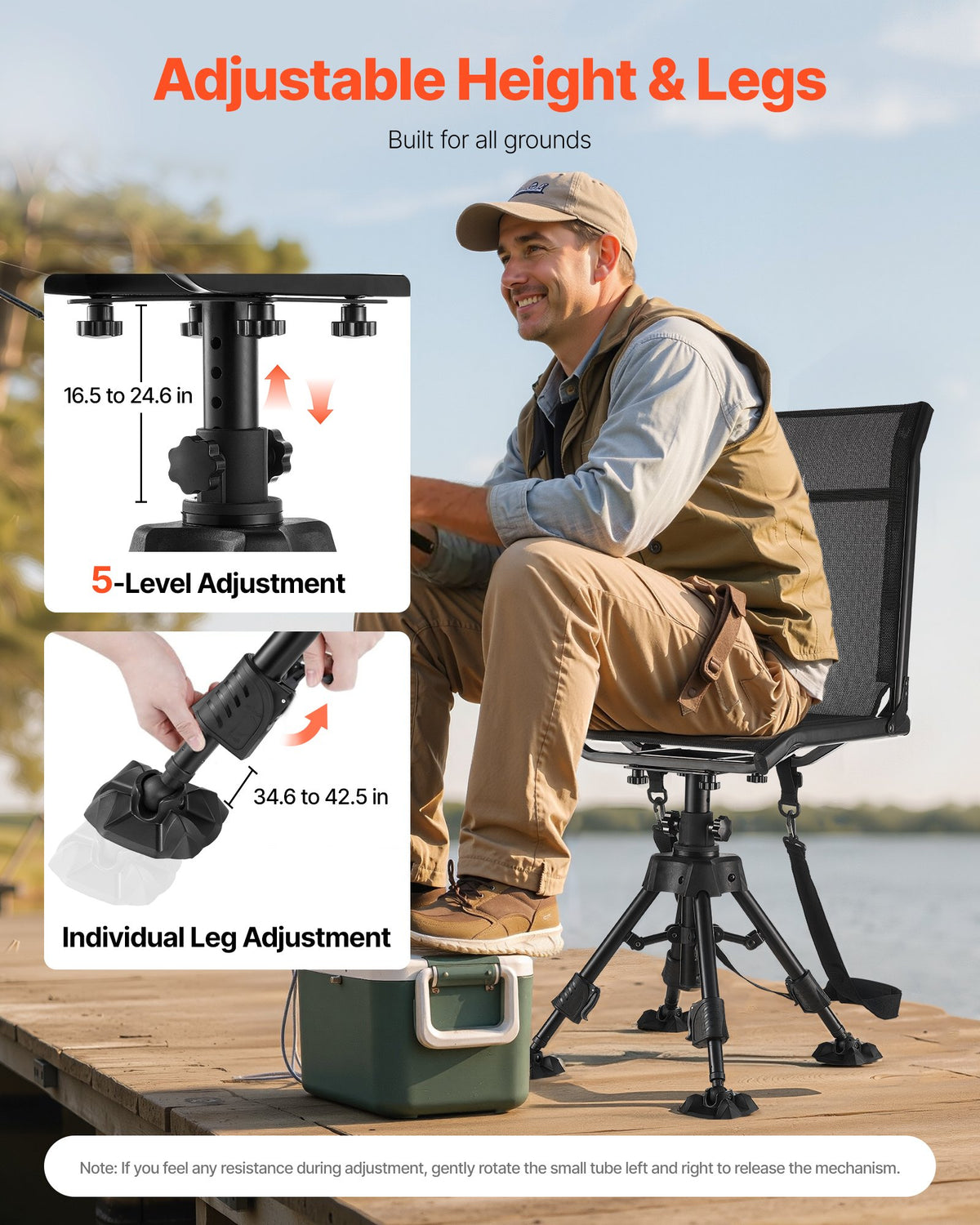 VEVOR Hunting Chair, 360° Silent Swivel, Foldable Portable Blind Chair, Heavy-Duty Steel Frame Ground Stool Seat with Anti-Sink Swivel Feet, Height Adjustable, 350 Lbs Capacity for Fishing Camping - CGZDKWFSTSLS1QCNY001V0 - view 5