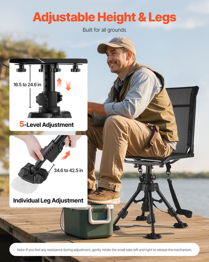 VEVOR Hunting Chair, 360° Silent Swivel, Foldable Portable Blind Chair, Heavy-Duty Steel Frame Ground Stool Seat with Anti-Sink Swivel Feet, Height Adjustable, 350 Lbs Capacity for Fishing Camping - CGZDKWFSTSLS1QCNY001V0 - view 5