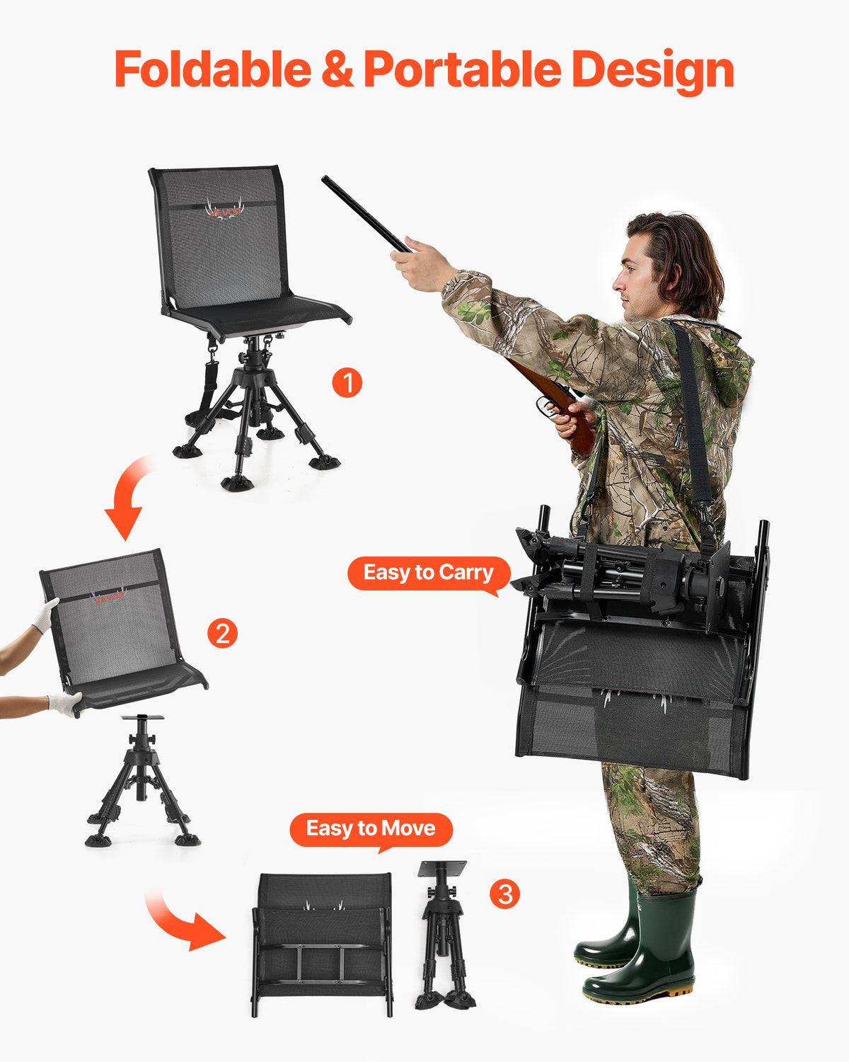 VEVOR Hunting Chair, 360° Silent Swivel, Foldable Portable Blind Chair, Heavy-Duty Steel Frame Ground Stool Seat with Anti-Sink Swivel Feet, Height Adjustable, 350 Lbs Capacity for Fishing Camping - CGZDKWFSTSLS1QCNY001V0 - view 7