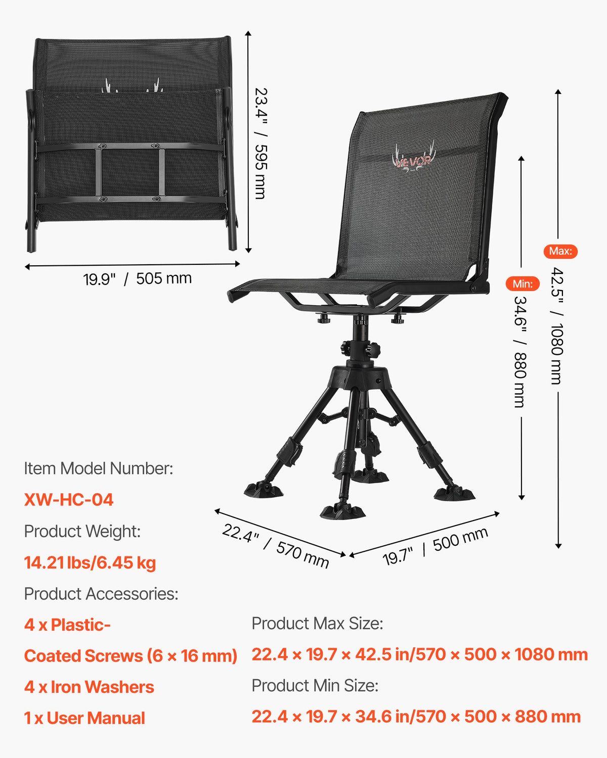 VEVOR Hunting Chair, 360° Silent Swivel, Foldable Portable Blind Chair, Heavy-Duty Steel Frame Ground Stool Seat with Anti-Sink Swivel Feet, Height Adjustable, 350 Lbs Capacity for Fishing Camping - CGZDKWFSTSLS1QCNY001V0 - view 8