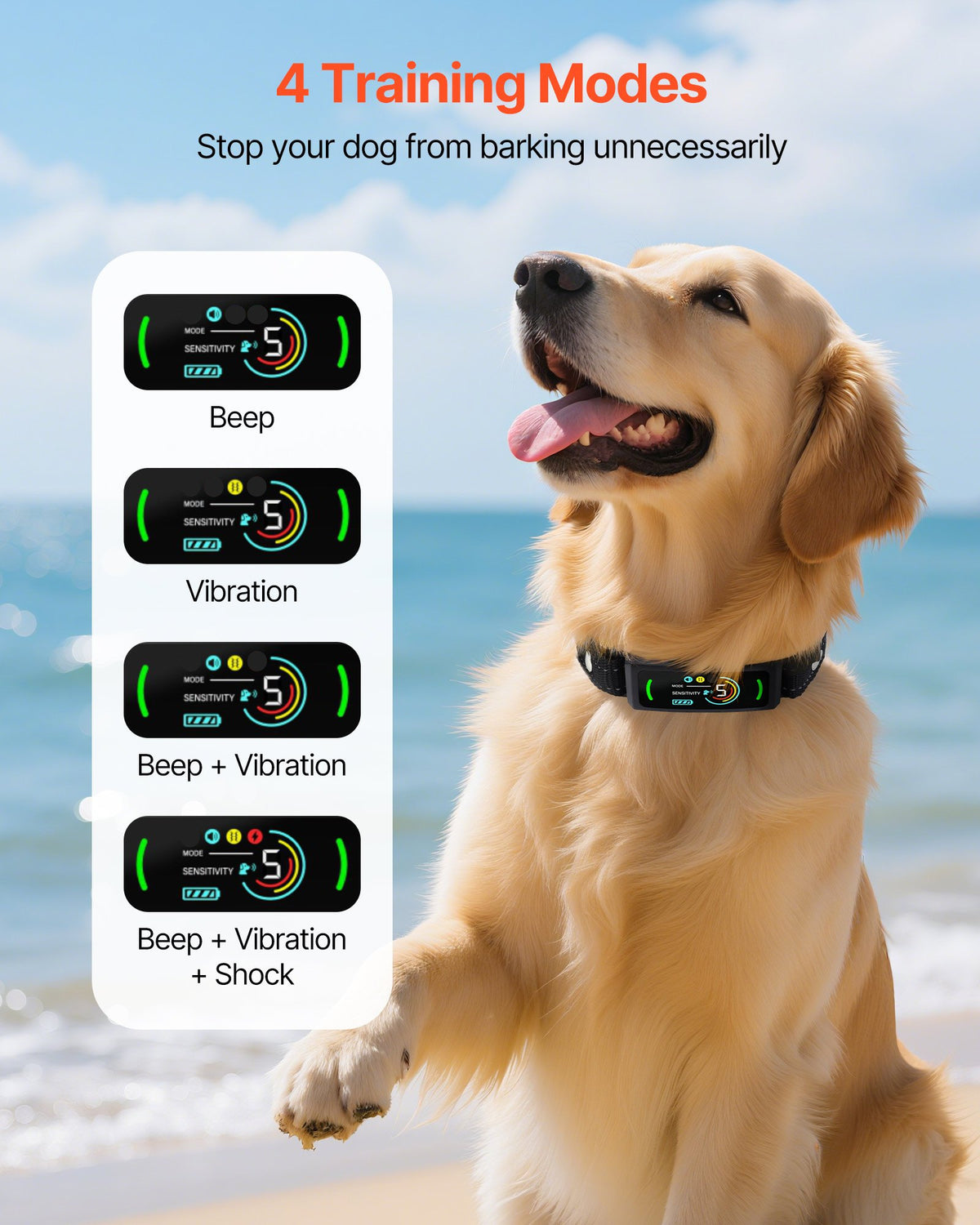 VEVOR Dog Bark Collar, Smart Bark Collar for Large Medium Small Dogs, IP67 Waterproof Rechargeable Anti-Bark Collars for Dogs, Dog Anti-Barking Device, 6 Adjustable Sensitivity Beep Vibration (Black) - CGZFXQSKZKDJ8Z0U0001V9 - view 3