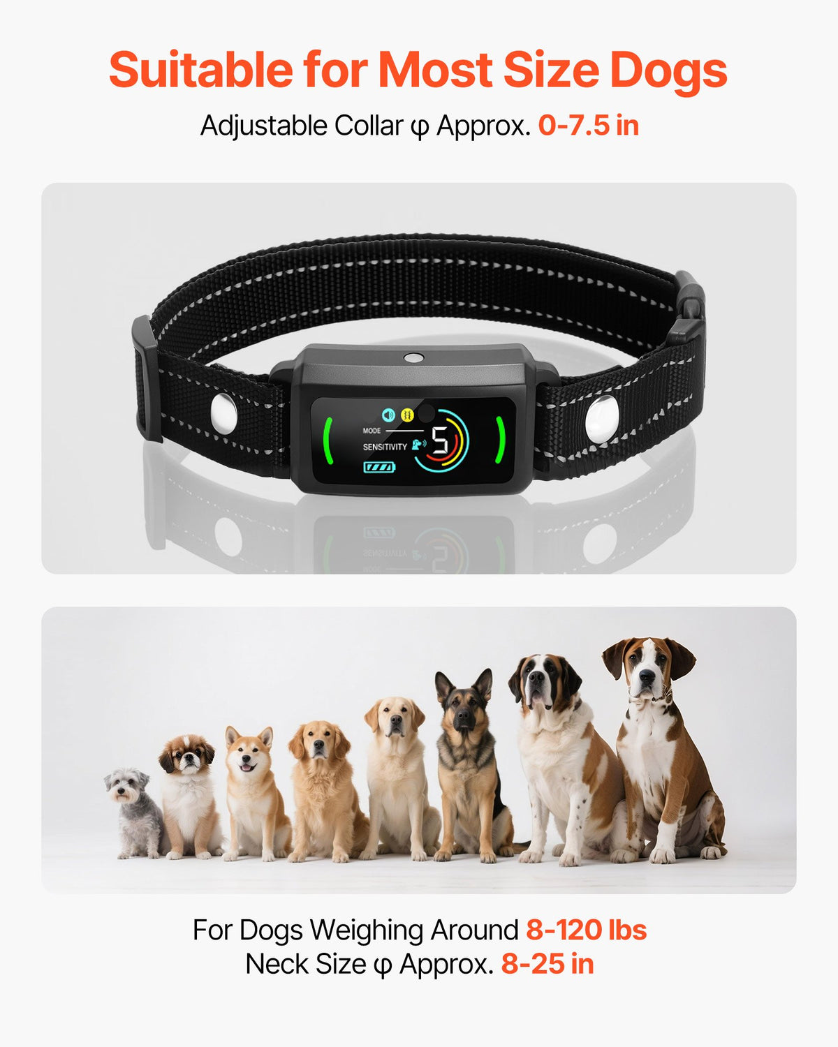 VEVOR Dog Bark Collar, Smart Bark Collar for Large Medium Small Dogs, IP67 Waterproof Rechargeable Anti-Bark Collars for Dogs, Dog Anti-Barking Device, 6 Adjustable Sensitivity Beep Vibration (Black) - CGZFXQSKZKDJ8Z0U0001V9 - view 6