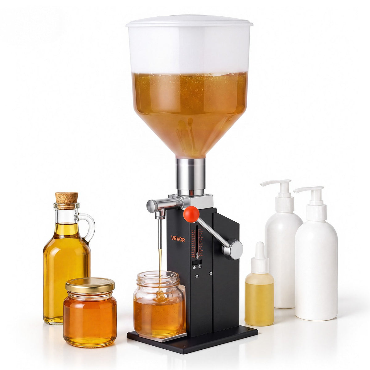 VEVOR Manual Filling Machine, 10-120 ml, 12 L Hopper, Paste Liquid Filler, for Water, Honey, Oil, Shampoo and Lotion, Anti-Drip Nozzle, Adjustable Bottle Stand, Carbon Steel Body, Effort-Saving Handle - CGZLSSD120MLDZB6K001V0 - view 1