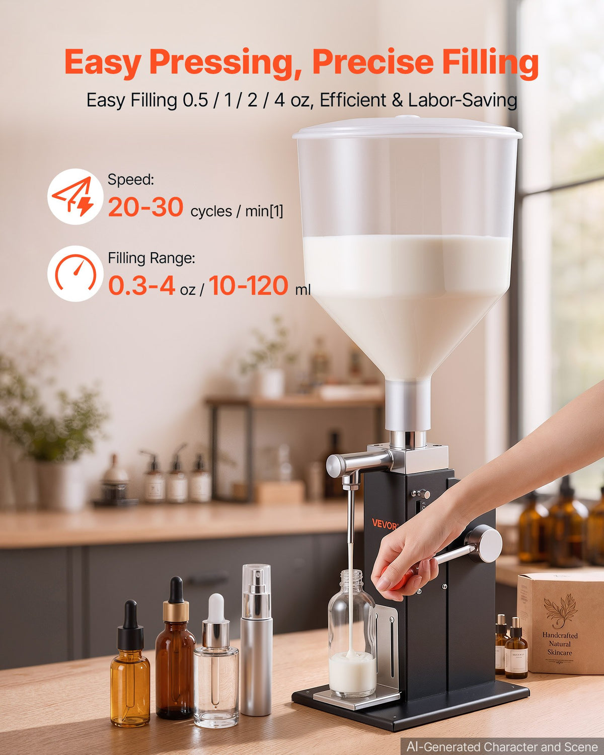 VEVOR Manual Filling Machine, 10-120 ml, 12 L Hopper, Paste Liquid Filler, for Water, Honey, Oil, Shampoo and Lotion, Anti-Drip Nozzle, Adjustable Bottle Stand, Carbon Steel Body, Effort-Saving Handle - CGZLSSD120MLDZB6K001V0 - view 4