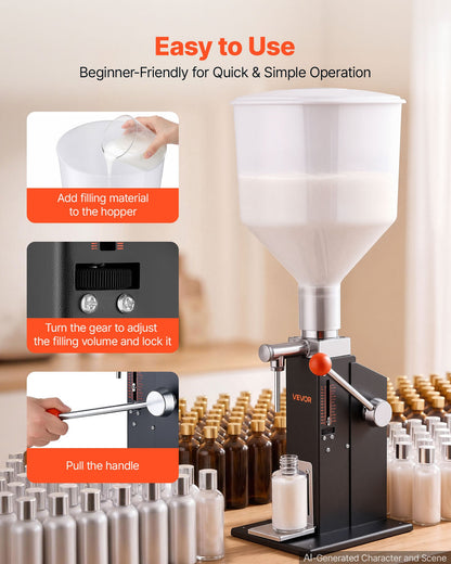 VEVOR Manual Filling Machine, 10-120 ml, 12 L Hopper, Paste Liquid Filler, for Water, Honey, Oil, Shampoo and Lotion, Anti-Drip Nozzle, Adjustable Bottle Stand, Carbon Steel Body, Effort-Saving Handle - CGZLSSD120MLDZB6K001V0 - view 5