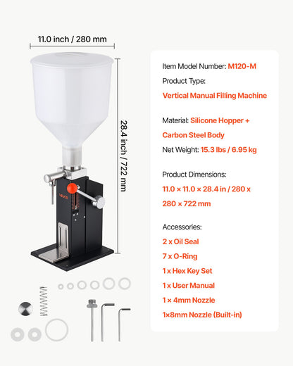 VEVOR Manual Filling Machine, 10-120 ml, 12 L Hopper, Paste Liquid Filler, for Water, Honey, Oil, Shampoo and Lotion, Anti-Drip Nozzle, Adjustable Bottle Stand, Carbon Steel Body, Effort-Saving Handle - CGZLSSD120MLDZB6K001V0 - view 8
