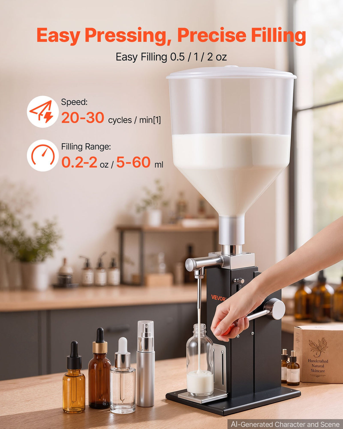 VEVOR Manual Filling Machine, 5-60 ml, 10 L Hopper, Paste Liquid Filler, for Water, Honey, Oil, Shampoo and Lotion, Anti-Drip Nozzle, Adjustable Bottle Stand, Carbon Steel Body, Effort-Saving Handle - CGZLSSD60MLDXKML5001V0 - view 4