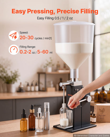 VEVOR Manual Filling Machine, 5-60 ml, 10 L Hopper, Paste Liquid Filler, for Water, Honey, Oil, Shampoo and Lotion, Anti-Drip Nozzle, Adjustable Bottle Stand, Carbon Steel Body, Effort-Saving Handle - CGZLSSD60MLDXKML5001V0 - view 4