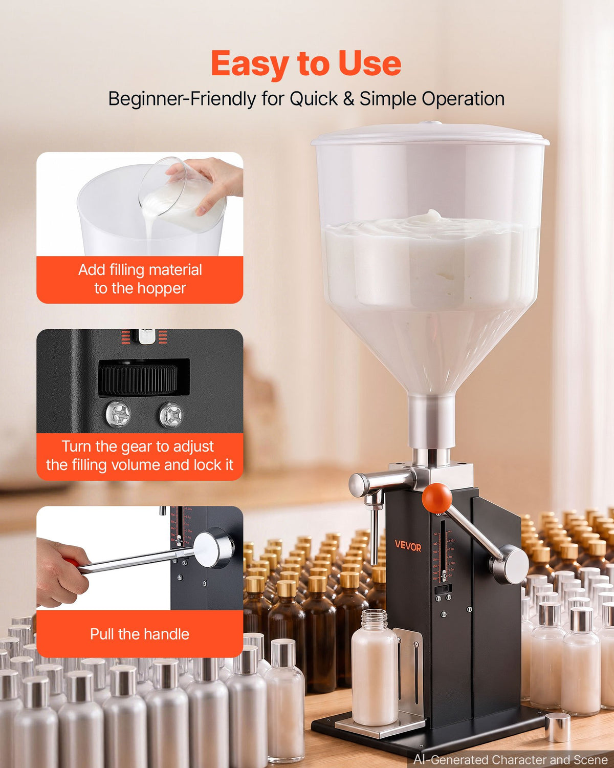 VEVOR Manual Filling Machine, 5-60 ml, 10 L Hopper, Paste Liquid Filler, for Water, Honey, Oil, Shampoo and Lotion, Anti-Drip Nozzle, Adjustable Bottle Stand, Carbon Steel Body, Effort-Saving Handle - CGZLSSD60MLDXKML5001V0 - view 5
