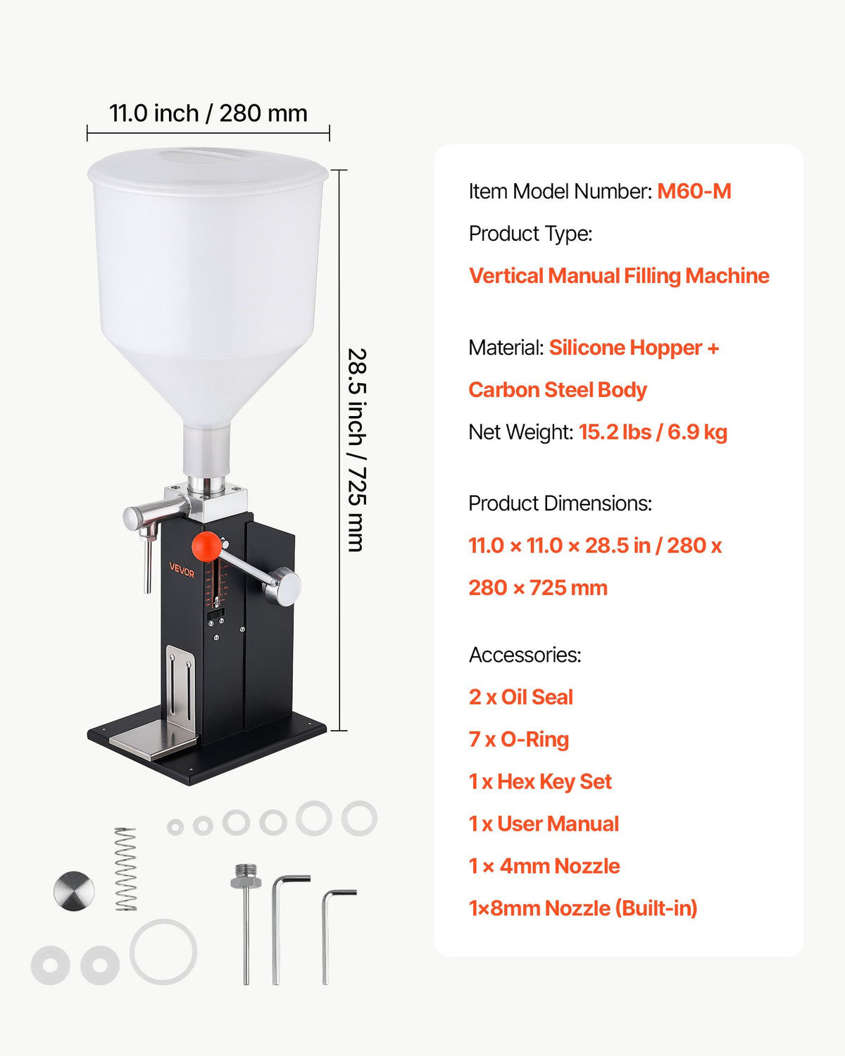 VEVOR Manual Filling Machine, 5-60 ml, 10 L Hopper, Paste Liquid Filler, for Water, Honey, Oil, Shampoo and Lotion, Anti-Drip Nozzle, Adjustable Bottle Stand, Carbon Steel Body, Effort-Saving Handle - CGZLSSD60MLDXKML5001V0 - view 8
