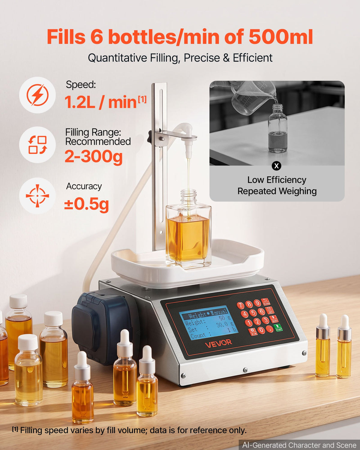 VEVOR Liquid Filling Machine, 2-300 g Recommend Automatic Bottle Filler, for Water, Beverages, Oils, Digital Weighing, Adjustable Stand, Stainless Steel Body, 6 Memory Presets, Anti-Drip Nozzle - CGZTSDD300MLYN0LP001V1 - view 3