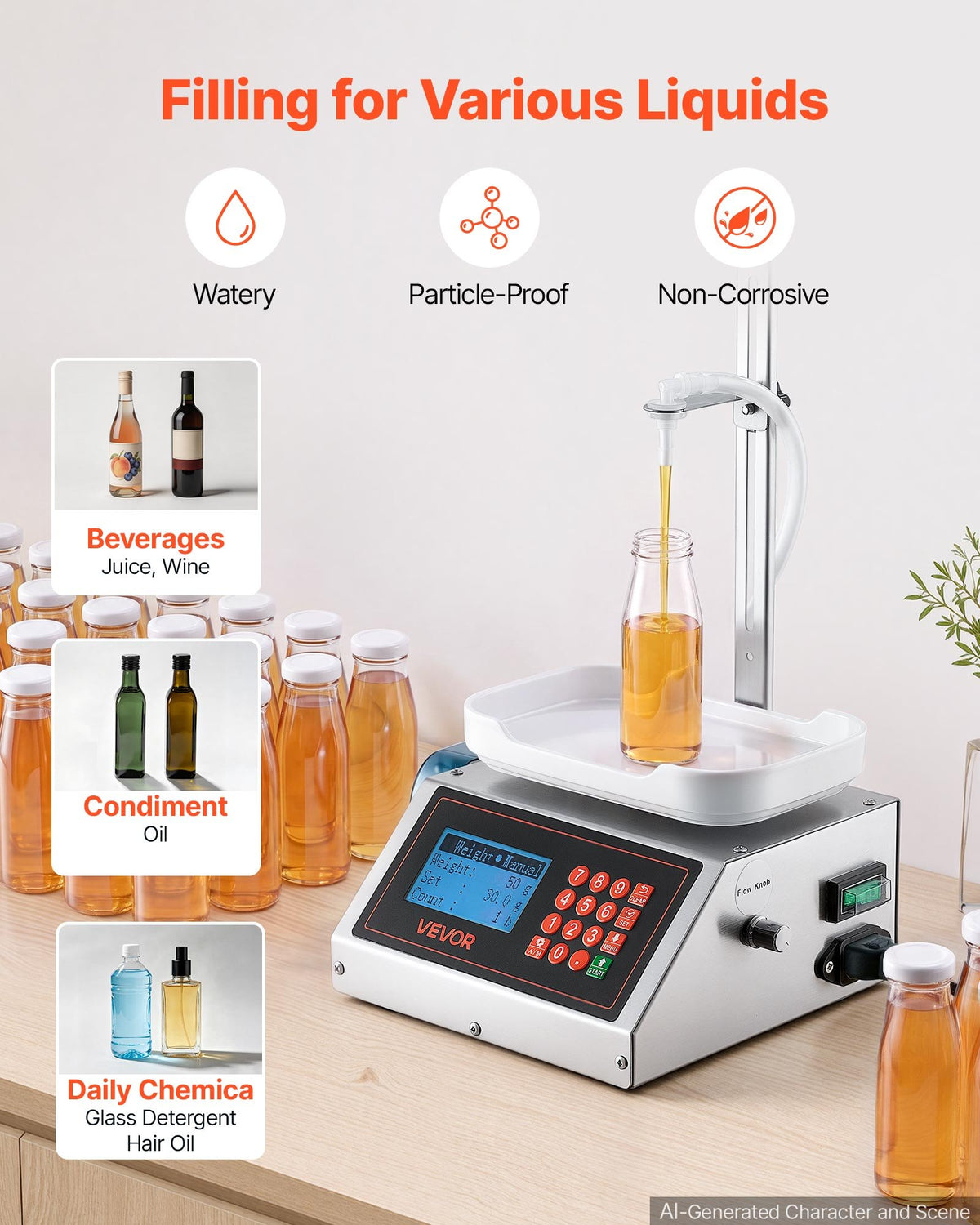 VEVOR Liquid Filling Machine, 2-300 g Recommend Automatic Bottle Filler, for Water, Beverages, Oils, Digital Weighing, Adjustable Stand, Stainless Steel Body, 6 Memory Presets, Anti-Drip Nozzle - CGZTSDD300MLYN0LP001V1 - view 4