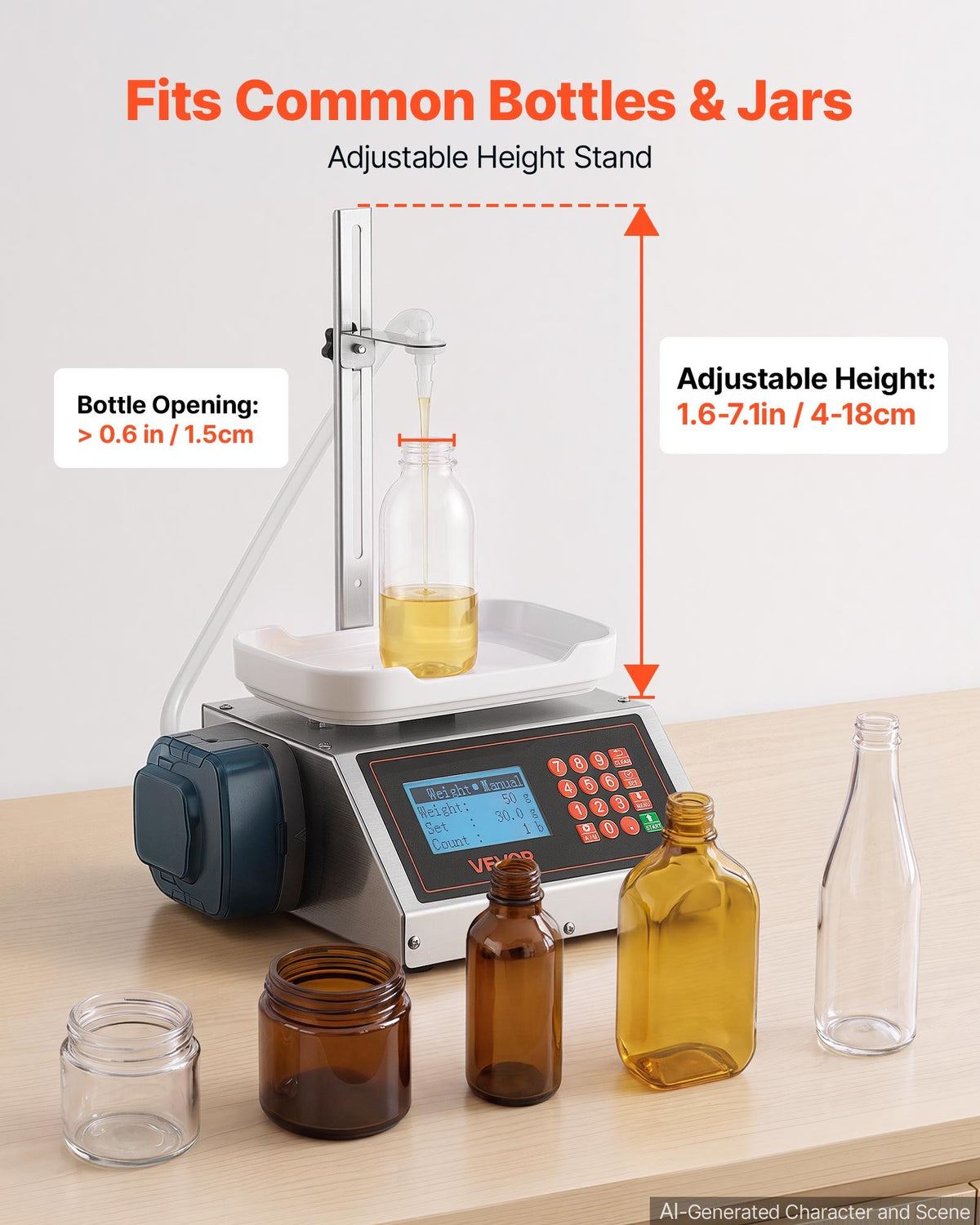 VEVOR Liquid Filling Machine, 2-300 g Recommend Automatic Bottle Filler, for Water, Beverages, Oils, Digital Weighing, Adjustable Stand, Stainless Steel Body, 6 Memory Presets, Anti-Drip Nozzle - CGZTSDD300MLYN0LP001V1 - view 5