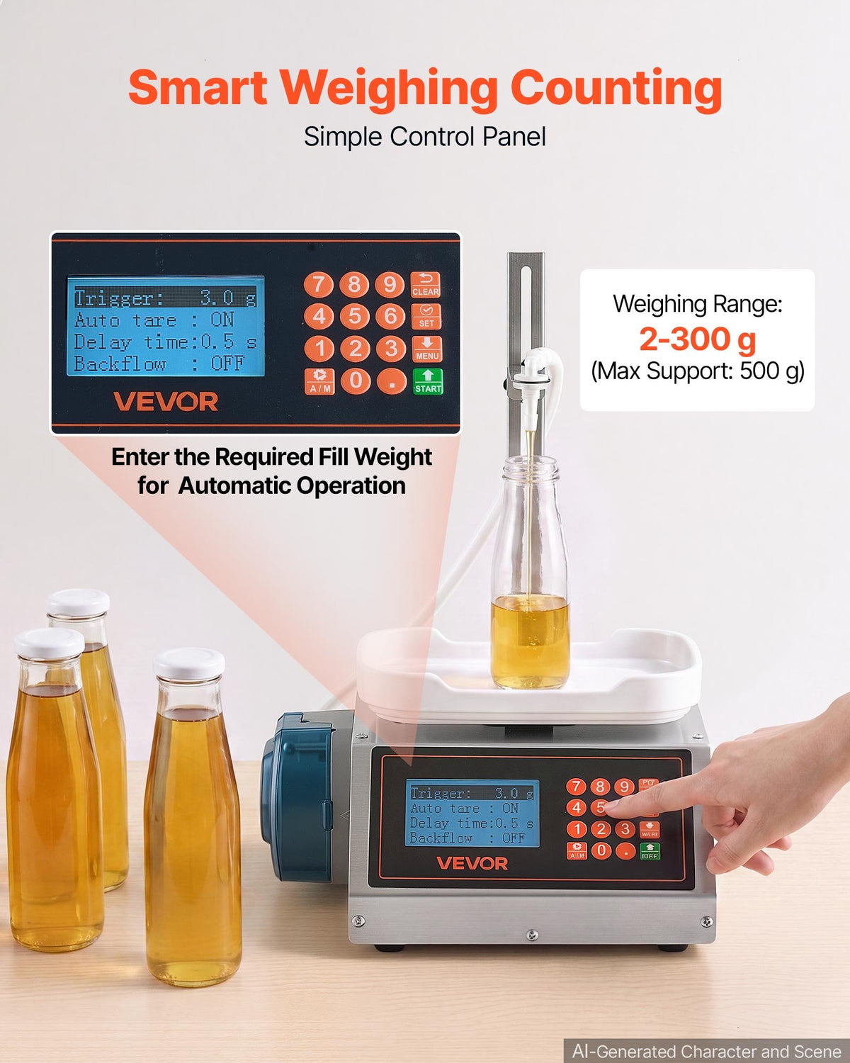 VEVOR Liquid Filling Machine, 2-300 g Recommend Automatic Bottle Filler, for Water, Beverages, Oils, Digital Weighing, Adjustable Stand, Stainless Steel Body, 6 Memory Presets, Anti-Drip Nozzle - CGZTSDD300MLYN0LP001V1 - view 6