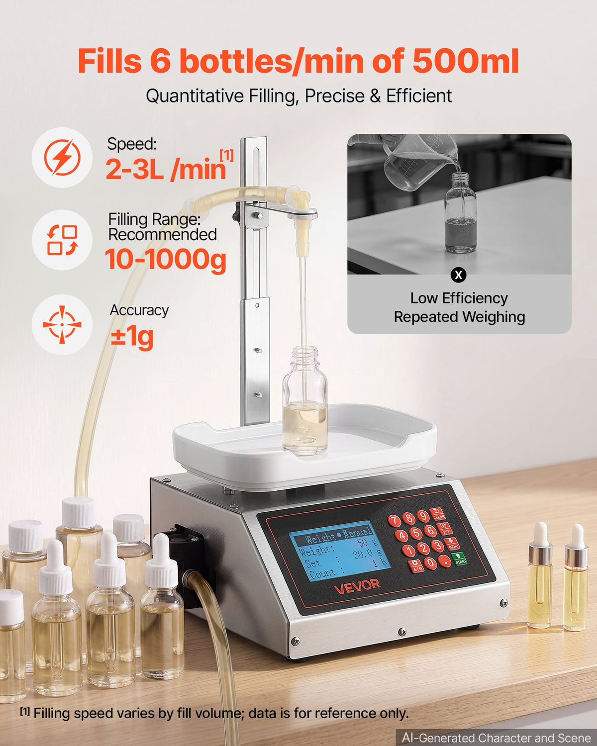 VEVOR Liquid Filling Machine, 10-1000g Recommend Automatic Bottle Filler, for Water, Detergent, Oil, Premium Stainless Steel Body, Digital Weighing, Adjustable Stand, Memory Presets, Easy to Operate - CGZTSDD3500M8FP2E001V1 - view 3