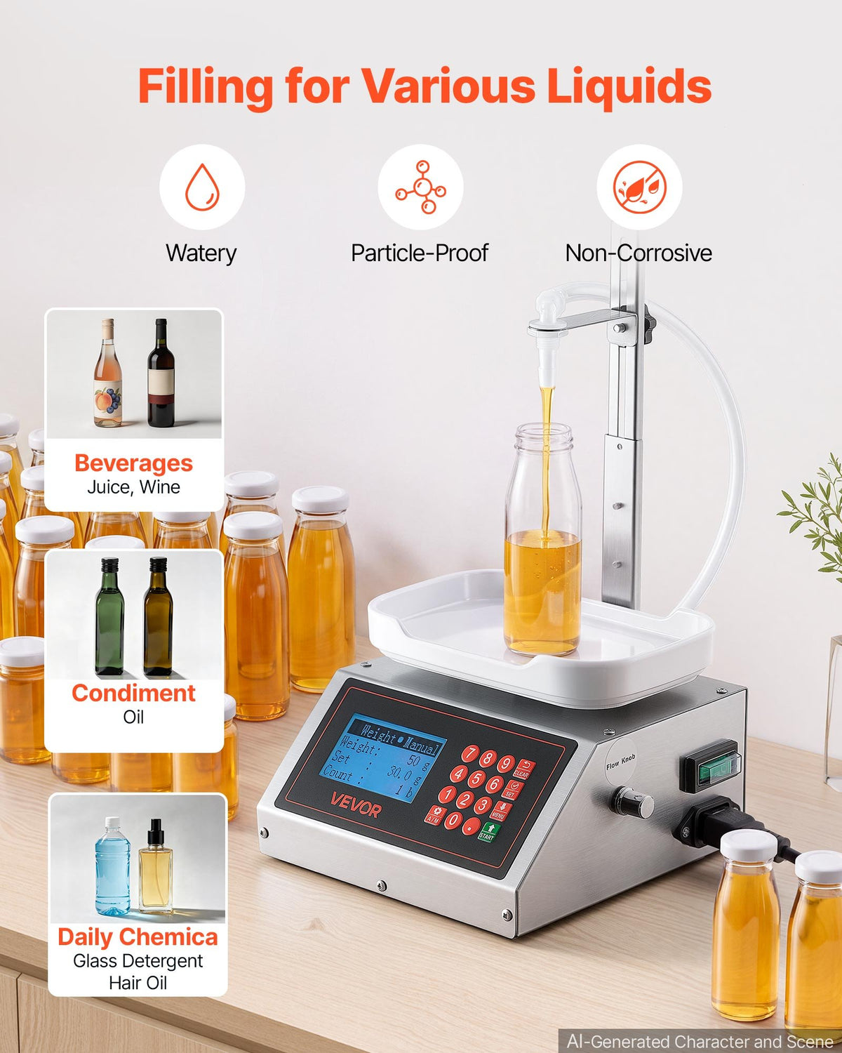 VEVOR Liquid Filling Machine, 10-1000g Recommend Automatic Bottle Filler, for Water, Detergent, Oil, Premium Stainless Steel Body, Digital Weighing, Adjustable Stand, Memory Presets, Easy to Operate - CGZTSDD3500M8FP2E001V1 - view 4