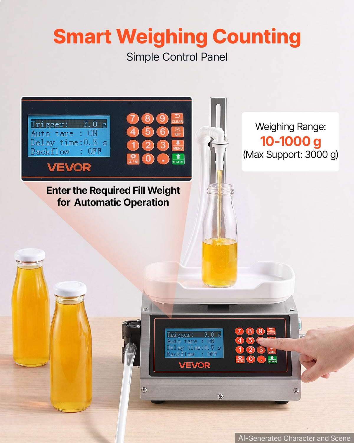VEVOR Liquid Filling Machine, 10-1000g Recommend Automatic Bottle Filler, for Water, Detergent, Oil, Premium Stainless Steel Body, Digital Weighing, Adjustable Stand, Memory Presets, Easy to Operate - CGZTSDD3500M8FP2E001V1 - view 6