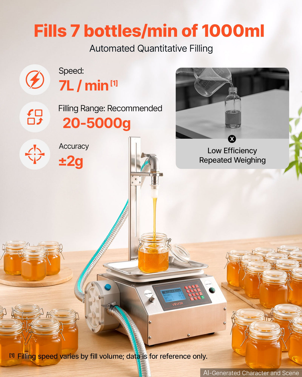 VEVOR Liquid Filling Machine, 20-5000g Recommend Automatic Bottle Filler, for Honey, Pear Syrup, Sesame Paste, Stainless Steel, Digital Weighing, Adjustable Stand, Memory Presets, Easy to Operate - CGZTSDD5000MUYRIH001V1 - view 3