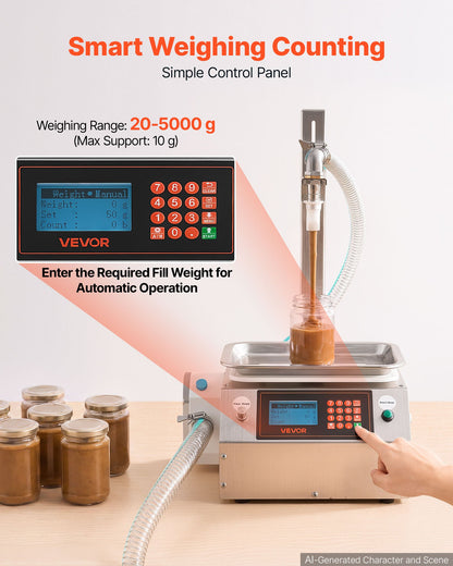 VEVOR Liquid Filling Machine, 20-5000g Recommend Automatic Bottle Filler, for Honey, Pear Syrup, Sesame Paste, Stainless Steel, Digital Weighing, Adjustable Stand, Memory Presets, Easy to Operate - CGZTSDD5000MUYRIH001V1 - view 6